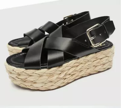 NWT Zara Black Leather Strappy Flatform Platform Sandals 40 • $95
