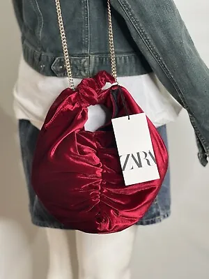 $38 • Buy Zara Womens Crossdody Bag Red Velvet Fabric Handle Tie Knot Round Bucket