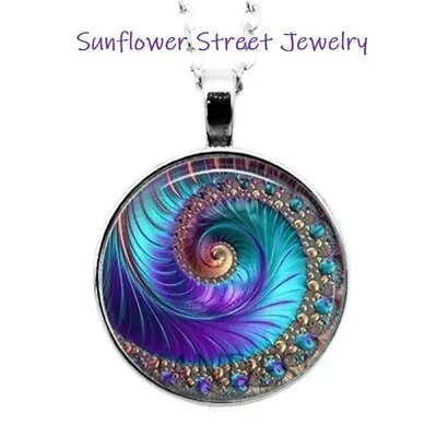 Peacock Spiral Necklace Silver Glass Dome Cabochon Art Print Sacred Geometry • $14.98