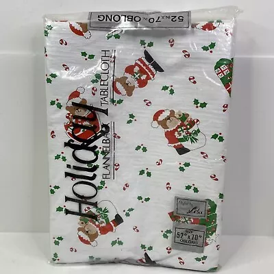 Christmas Santa Bear Tablecloth Holiday Flannel Back Oblong 52  X 70  Vintage • $31