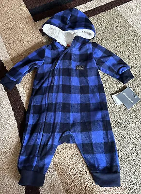 Eddie Bauer Blue Plaid Hooded Fleece One Piece Size 0-3M NWT $39 • $22.95