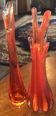 Lot Of 2 Orange Viking Glass Vases 11 & 11 1/2 Inches Tall One’s Taiwan 5 Finger • $40