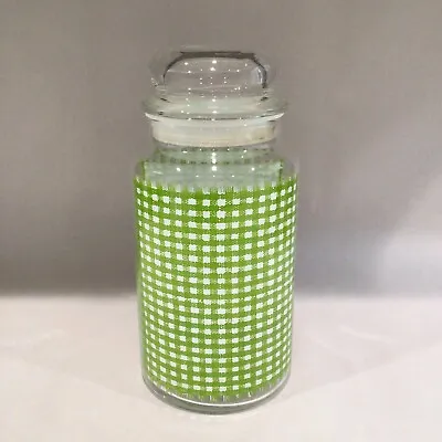 VTG Anchor Hocking Glass Canister Jar W/Lid Green White Gingham Plaid 8.25” T • $14.99