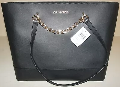 New Michael Kors Jet Set Chain Swag 38R3GJ6T6L Top Zip Leather Tote Bag - Black • $129.99