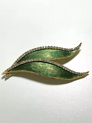 Hattie Carnegie Signed Vintage Brooch Gold Pave Rhinestones Green Enamel Leaves • $79