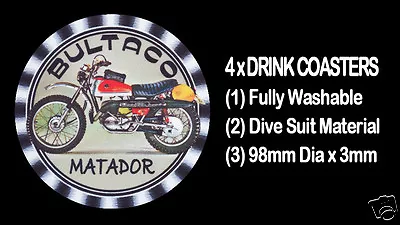 4 X BULTACO MATADOR MOTORCYCLE MOTOR CYCLE DRINK COASTERS - Fully Washable • $12.95