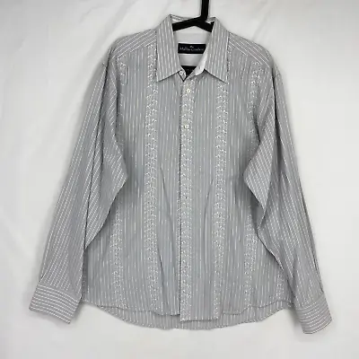 Malibu Cowboy Mens Size XL Button Front Shirt Gray Stripes White Embroidery LS • $15.95