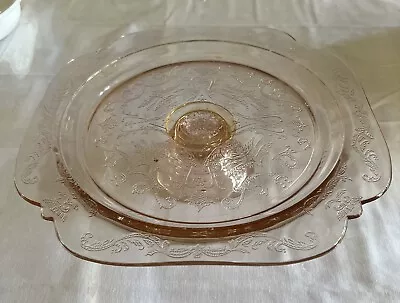 Indiana Glass Pink Recollection Footed Cake Plate Stand Vintage Etched Glass  • $23