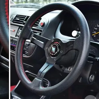 $74.98 • Buy 350mm Leather Mid Deep Dish Racing Steering Wheel Fit MOMO Hub OMP Hub ND Drift