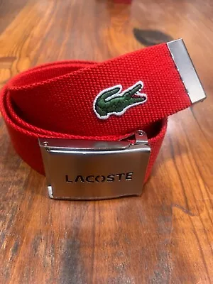 Lacoste Belt M Canvas Textile Signature Crocodile Logo Embroidered Silver Buckle • $35