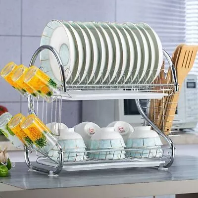 2-Tier Kitchen Dish Drainer Rack Plate Bowl Cutlery Sink Tool Holder Dry Stand • $20.59