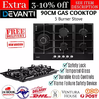 $310.91 • Buy Tempered Glass Kitchen Gas Cooktop 90cm 5 Burner Cooker Stove Hob Devanti Black 