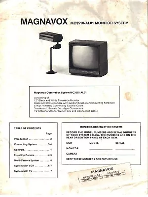 Owner's Manual Guide Magnavox MC3510-AL01BW Television TV Camera Observation • $17.98