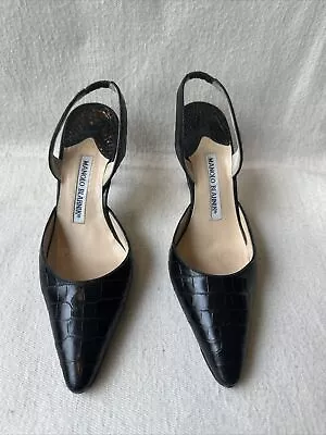 Manolo Blahnik CAROLYNE Black ALLIGATOR CROCODILE Slingback 35.5 • $250