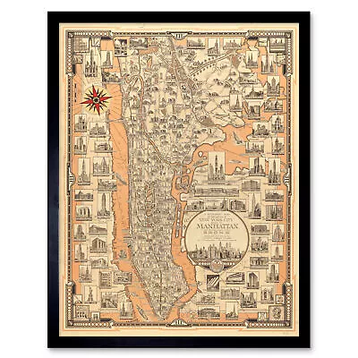 Chase 1939 Pictorial Map NY Manhattan Bronx Framed Wall Art Poster • $23.49