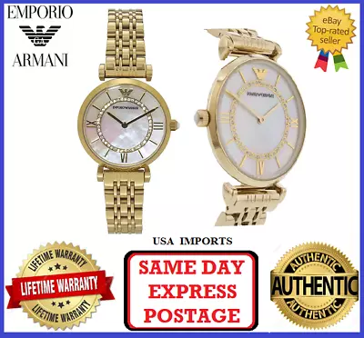 Emporio Armani AR1907 Gianni T-Bar Gold And White Pearl Womens Wrist Watch • $247