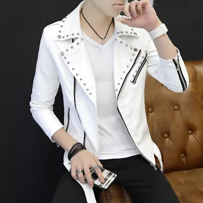 Men PU Faux Leather Rivet Biker Jacket Motorcycle Blazer Tops Coat Slim Punk • $54.10