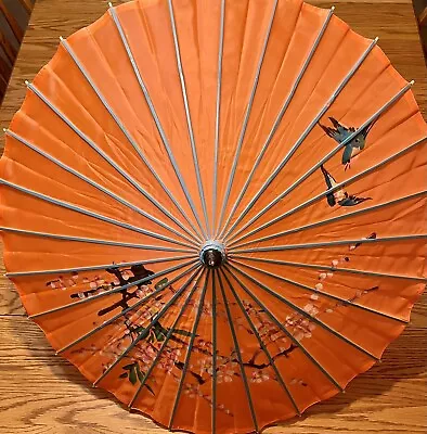 Vintage Asian Parasol - Orange W Flowers And Blue Accents Umbrella Bamboo Frame • $10.99