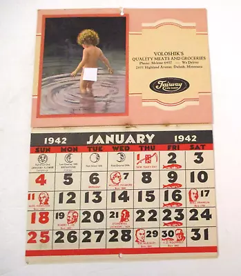 Vintage 1942 Voloshik's Meats & Groceries Duluth Minnesota Advertising Calendar • $5