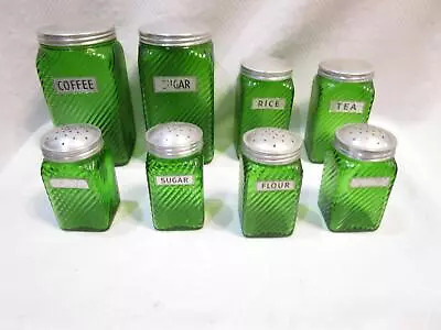 Vtg Lot Of 8 1930s Green Kitchen Hoosier Canister Jars OWENS ILLINOIS Depression • $119.99