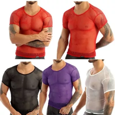 UK Mens See Through Fishnet T-Shirt Top Gym Workout Fitness Undershirts Clubwear • £8.70
