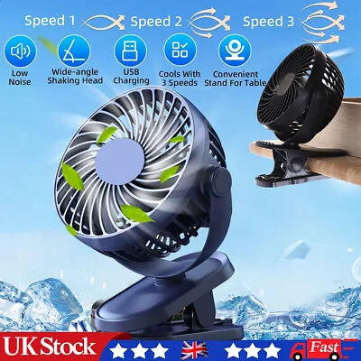 Portable Clip On Fan USB Rechargeable 3 Speeds Table Desk Air Cooling Fan Cooler • £7.72