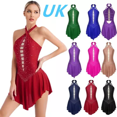 UK Women Shiny Figure Ice Skating Dress Halter Neck Lyrical Modern Dance Dress • £22.99