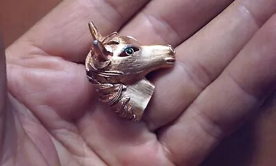 Copper Tone Metal Realistic HORSE Bust Figure Brooch Pin W/ Green Rhinestone Eye • $8