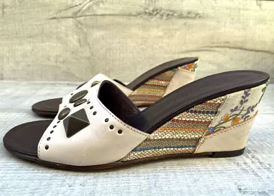 LEA FOSCATI Italian Soft Beige Full Leather Floral Weave Mules Sandals Size 4 37 • £18.99