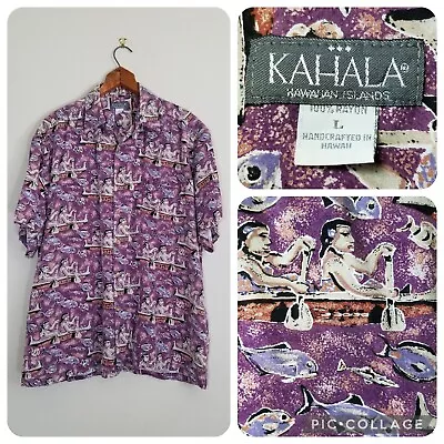 Kahala Hawaiian Aloha Shirt Size L Button Down Short Sleeve Purple Rayon Hawaii • $20
