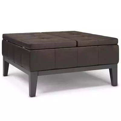 Simpli Home 36  Coffee Table Storage Ottoman Faux Leather Wood Distressed Brown • $340.31