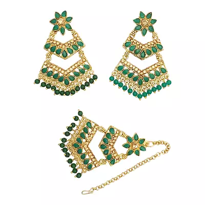Green Bridal Maang Tikka Earrings Set Bollywood Kundan Gold Tone Indian Jewelry • $23.64