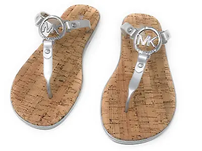 MICHAEL KORS Silver Jelly Cork Thongs Flat Sandals Flip Flops Sz 6 7 8 10 11 • $59.99