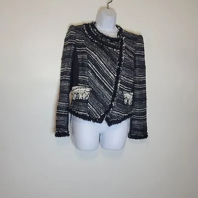 Mcginn Size 8 Black/white Tweed Fringe Long Sleeves Blazer • $35