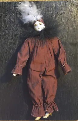 Pierrot Harlequin Doll Porcelain Feathered Mime Clown Jester Mardi Gras Burgundy • $59.99