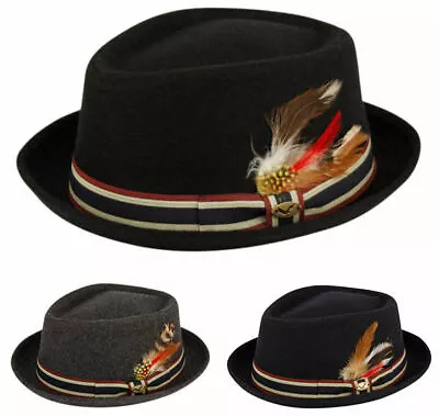 Diamond Shape Wool Fedora Hat W/Feather Stripe Band Classic Pork Pie Stingy Brim • $21.98