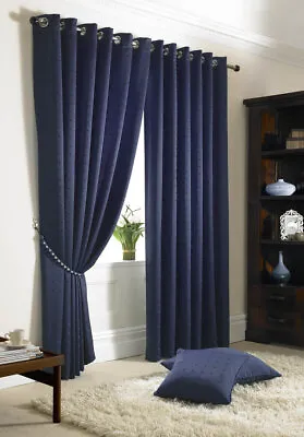 Navy Madison Dobby Fabric Squares Lined Eyelet Ring Top Curtains Pair • £40.99