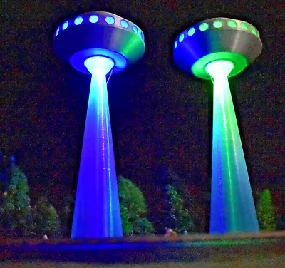 8  TaLL Classic 1950s Silver UFO Flying Saucer Light LED BLUE Orb Abduction Beam • $27.99