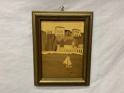 Vintage Wood Marquetry Inlay Picture Wall Hanging Sailboat & Shoreline Italy 9x7 • $9.99