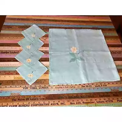 Vintage Tablecloth Napkin Set Card Tea Hand Embroidered Jadeite Green 5 PCs • $29.99