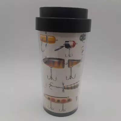 Vintage Fishing Lures Hooks Travel Mug Cup Plastic Jon Q Wright Thermo-Serv • $19.99