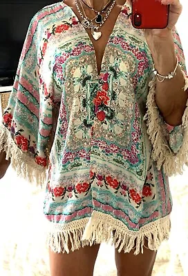 SWEET ACACIA Boho Western FRINGED JACKET Womans M Fits 8 10 12 Hippie Top Kimono • $19.95