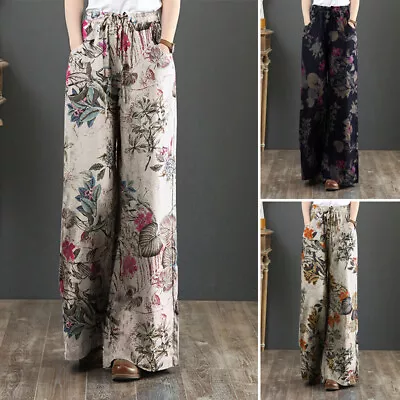 Womens Casual Summer Long Trousers Holiday Wide Leg Hippie Retro Floral Pants AU • $25.90