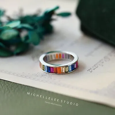 Sterling Silver Rainbow Ring Stackable Ring CZ Crystal Ring • £15.95