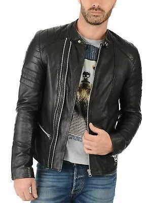 Elegant New Men's Black Jacket 100% Real Lambskin Leather Moto Biker Coat Jacket • $141.55