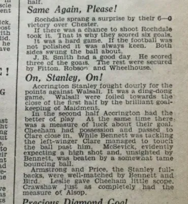£3 • Buy 31 Mar 1934 ROCHDALE 6-0 CHESTER Match Report From The Daily Express