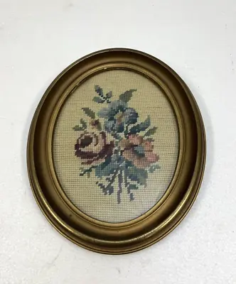 Vintage NEEDLEPOINT WALL ART Flower Rose Mid Century Oval Round Frame Grannycore • $14.99