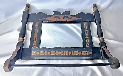 Antique Wooden Ornate Shaving Mirror Wall Hanging With Comb Tray And Towel Rack • $79.98