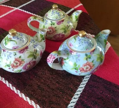 Lot Of 3 Mini Ceramic Teapots Floral Prints Cottage Style YellowWhite & Blue • $36.99