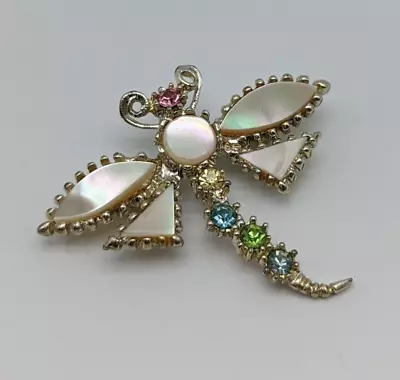 Vintage Silver Tone Mother Of Pearl Colorful Glass Rhinestone Dragonfly Brooch • $14.99